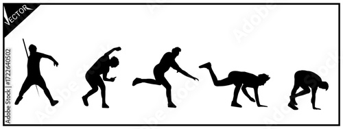 Silhouette of javelin throwing steps. Different poses. Vector illustration.