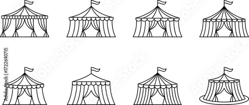 Circus tent silhouette set, carnival festival pavilion icons, big top fairground structure, entertainment show marquee design, vector illustration collection
