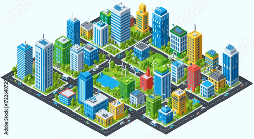 Isometric city with modern buildings and green parks.