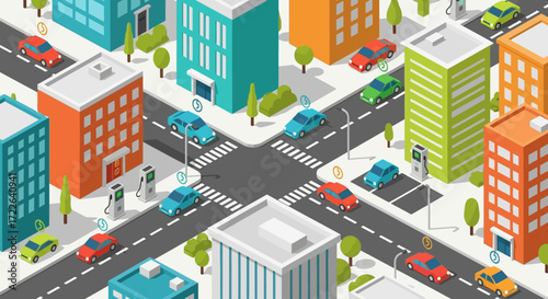 Isometric Cityscape with Buildings and Cars on Roads.