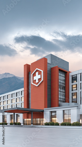 Modern hospital building with medical cross sign and mountain