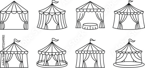 Circus tents, carnival pavilions, big top tents, festival marquee icons, outline illustration for event, amusement park, entertainment design.