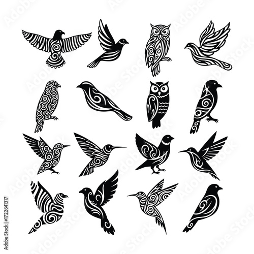 Collection of black tribal style birds and owls on white background eagle dove