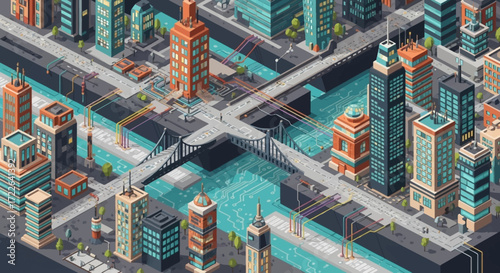 Isometric city with river and bridges.