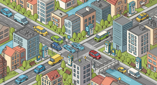Isometric Cityscape with Busy Streets and Buildings.