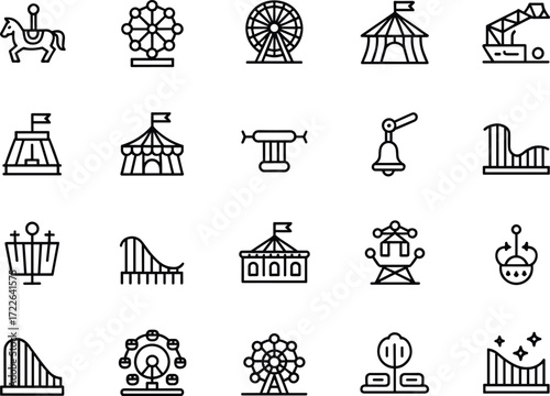 Collection of amusement park and carnival icons, fun fair symbols, roller coaster, circus tent, Ferris wheel, ride attraction elements.