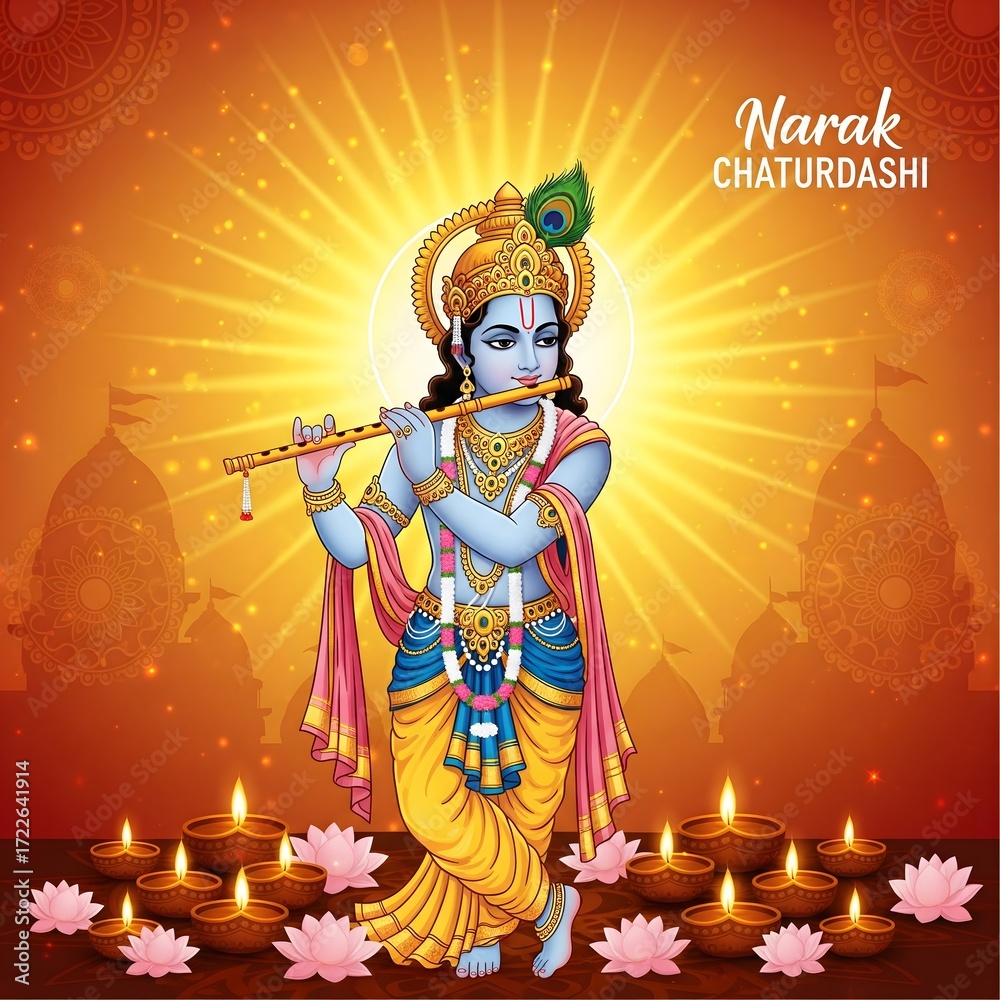 Fototapeta premium Lord krishna playing flute surrounded by diyas and flowers for narak chaturdashi festival
