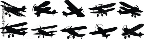 Biplane silhouettes, vintage aircraft, aviation icons, classic planes, historical aviation, flight graphics, retro design, cockpit shapes, wing styles, aircraft profiles