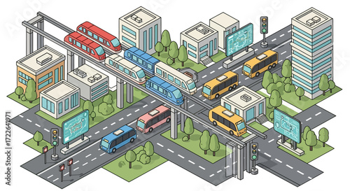 Isometric Cityscape with Modern Transportation Systems and Urban Infrastructure.