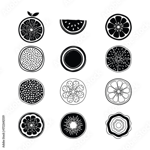 Collection of black and white stylized fruit slices and circular patterns citrus orange