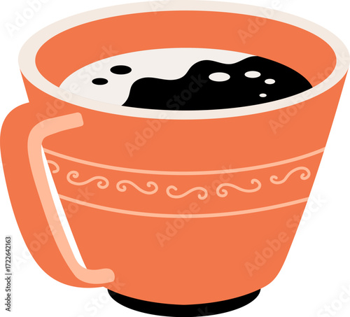 A bright orange mug filled with dark liquid and white foam