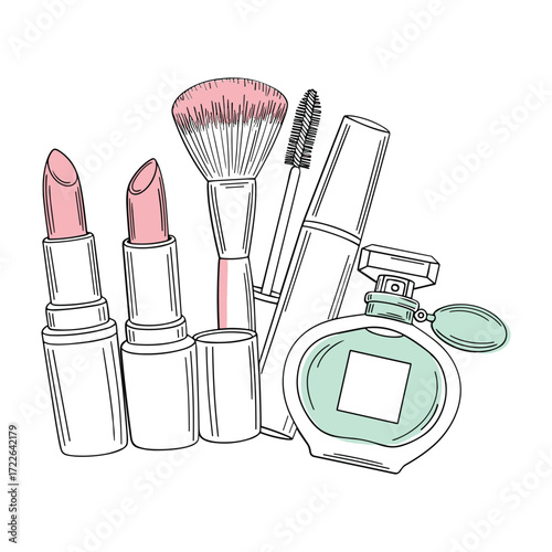 Two pink lipsticks a makeup brush mascara and a perfume bottle illustration beauty cosmetics