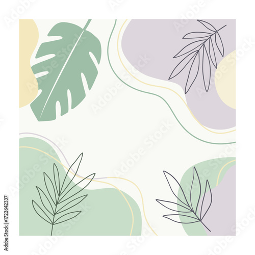 Abstract pastel organic shapes and line art leaves vector