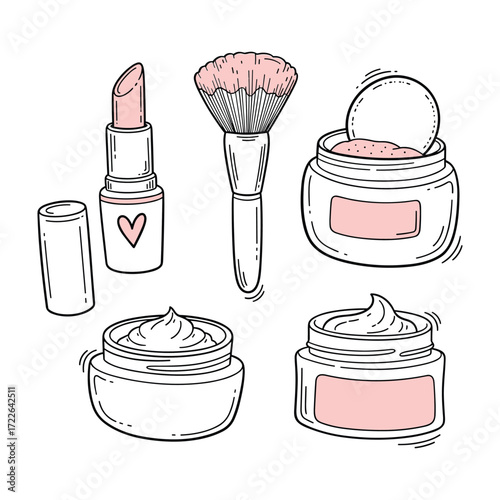 Hand drawn pink lipstick makeup brush and cream jars with heart detail cosmetic beauty