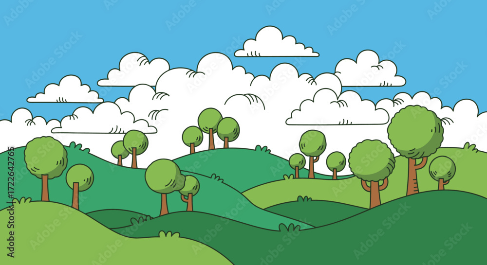 Fototapeta premium Lush green hills with scattered trees under a blue sky with fluffy clouds.