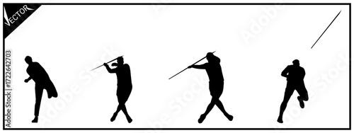 Set of javelin silhouettes, javelin throw. Sports, athletics. Vector isolated on a white background.