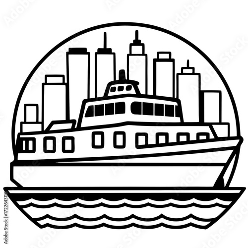 A colorful vector illustration of a cartoon cruise ship sailing on the ocean waves under a summer sky