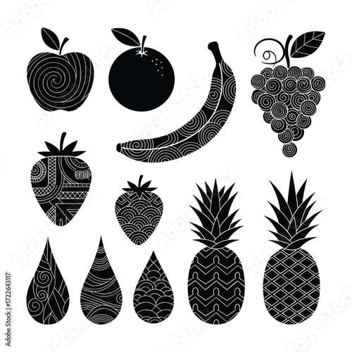 Black and white stylized fruit and droplet shapes with intricate patterns apple orange