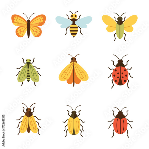Collection of nine flat design insects including butterfly bee ladybug and beetles