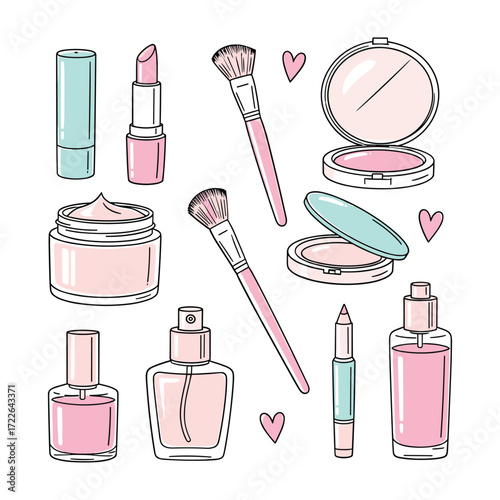 Collection of pink and teal cosmetic items and hearts makeup cosmetics