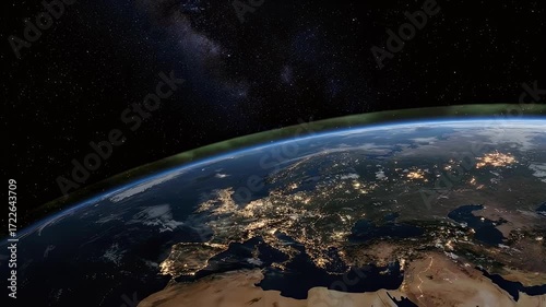 Earth from space at night, with city lights visible