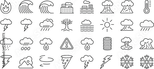 Natural disaster weather icons set, climate change warning symbols, storm rain lightning sun snow volcano fire flood, vector illustration design