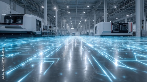 Modern industrial manufacturing workshop with CNC machines and glowing blue network grid lines creating futuristic technology atmosphere in spacious factory building with gray walls.