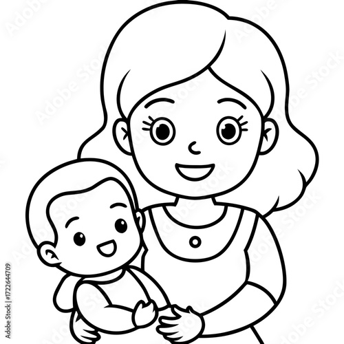 A smiling mother and her cute little toddler, with a pacifier, sitting together in a fun vector cartoon illustration