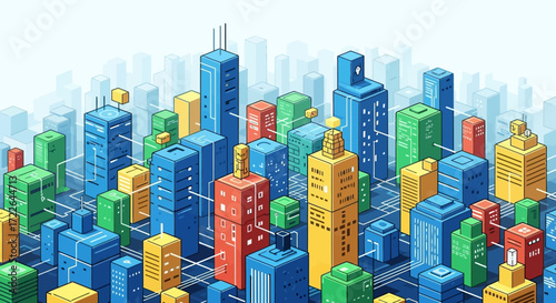 Vibrant and colorful urban cityscape with various modern buildings and skyscrapers.