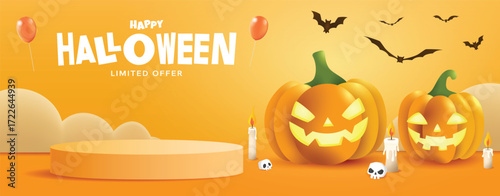 Halloween Banner with Pumpkins, Candles, and Spooky Bats. Perfect for seasonal promotions, party invitations, online ads, and festive holiday campaigns.