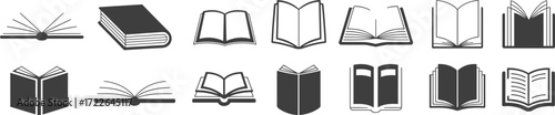 Book icons, open books, closed books, stylized pages, spine curves, reading graphics, literature symbols, education visuals, minimal design, study elements