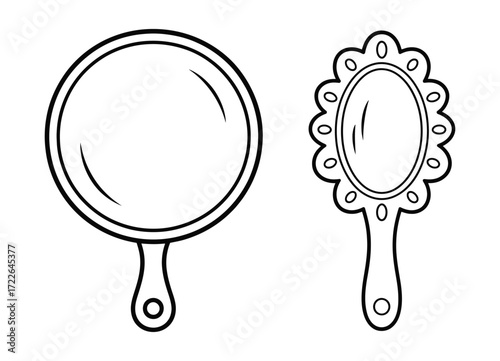Two hand mirrors one round and one oval with decorative edges on a white background