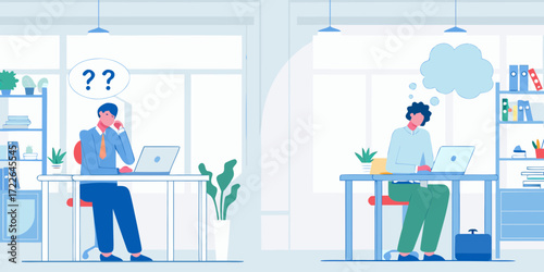 Two businessmen working at desks in an office one confused with question marks and the other daydreaming