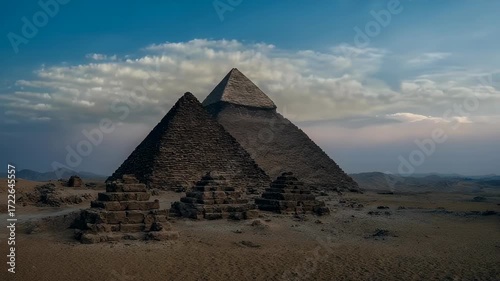 Ancient pyramids at sunset in a vast desert landscape