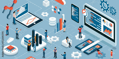 Isometric illustration of people working with data analytics and technology in a digital environment