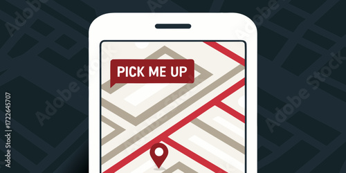 Smartphone displaying a map with a red pin and a pick me up notification bubble