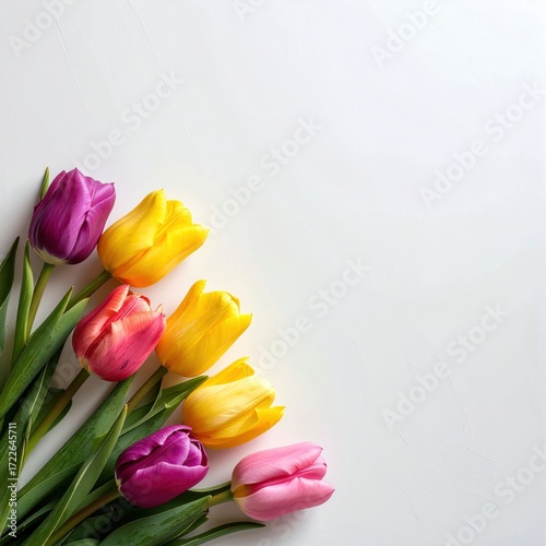 A corner arrangement of vibrant tulips in pink, purple, & yellow with lush green stems, set against a clean, bright white backdrop
