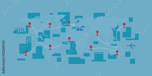 Global travel routes with transportation icons and destination markers on a world map