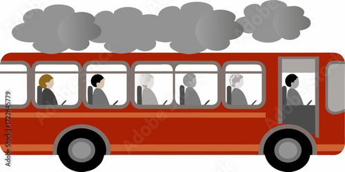 Red bus with passengers and dark gray smoke clouds above the windows