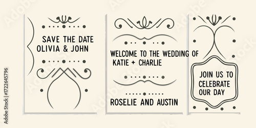 Elegant wedding invitation suite featuring save the date welcome and join us to celebrate messages