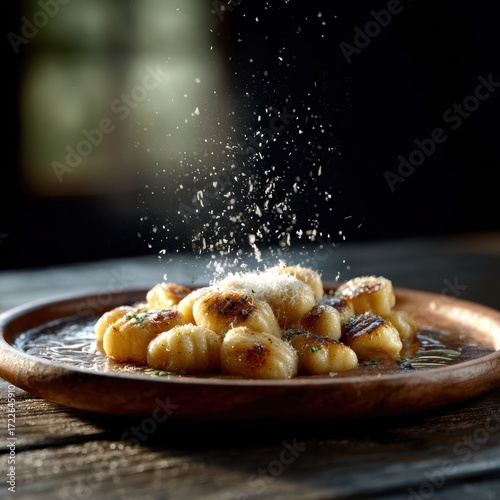 Delicious homemade gnocchi pasta sprinkled with cheese and herbs on a rustic wooden plate, captured with a dramatic splash effect in a cozy kitchen setting