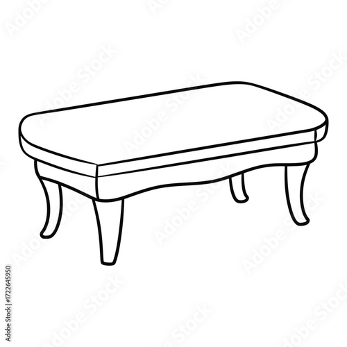Simple black and white line drawing of an antique style vanity table or bench