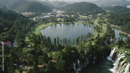 Aerial View of a Golf Course with a Waterfall