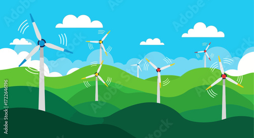 Wind turbines generating clean energy in a green landscape.