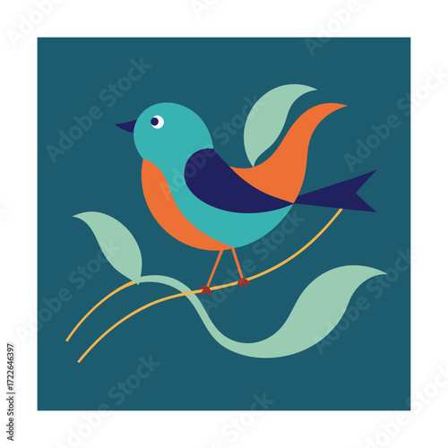 Teal and orange bird sitting on a branch with leaves