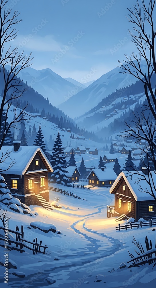 Naklejka premium Cozy village nestled in a snowy mountain valley at dusk, with warm lights glowing from windows and a path winding through the snow