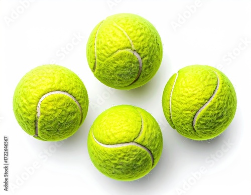 Four vibrant yellow tennis balls form a square on a clean white backdrop, lit brightly to display their textured surfaces and felt seams