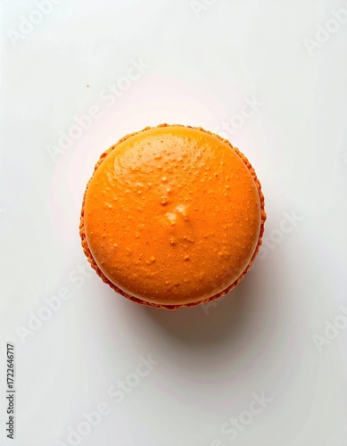 Overhead view of a single, vivid orange macaron with textured shell on a clean white surface, minimal shadow creating a simple aesthetic