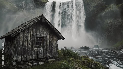 Rustic cabin by a powerful waterfall