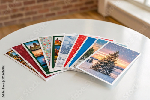 Holiday greeting cards fanned out on white table displaying winter scenes, landscapes, florals, and Christmas themes with colorful designs and borders.
